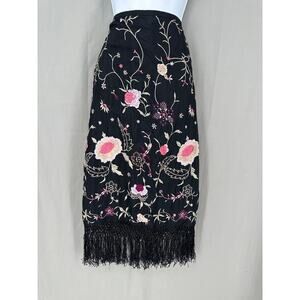 90s Vintage Skirt Women 2 Black Midi Floral Pink Embroidered Fringe Cottage Boho